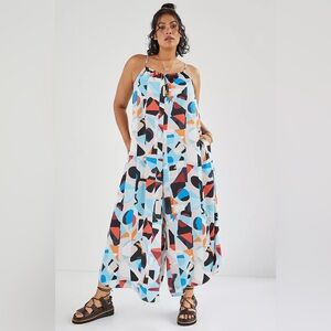 Anthropologie Breezy Wide-Leg Jumpsuit Abstract Print Strappy Summer XL